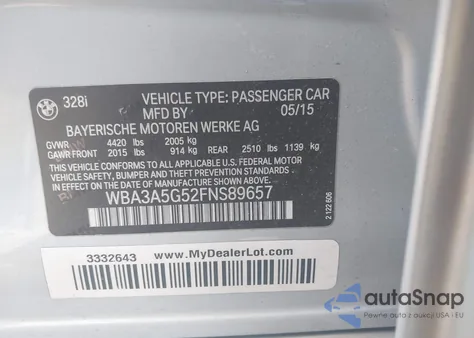 2015 BMW 328I from USA, damaged, VIN WBA3A5G52FNS89657